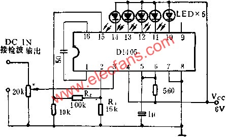 D1405集成電路作直流電平指示器的應用電路圖  m.xsypw.cn