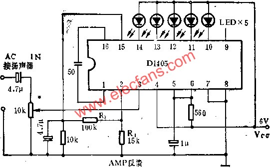 D1405電平指示驅動電路作竟音量表的應用電路圖  m.xsypw.cn