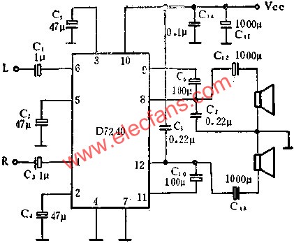 D7240音頻功率放大電路作立體聲功率放大的應用  m.xsypw.cn