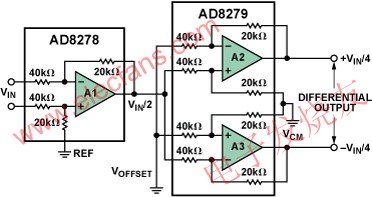 G = 1/2的差分輸出差動放大器功能框圖 m.xsypw.cn