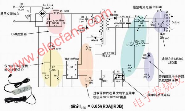 LED驅(qū)動器NCP1014/1028的應(yīng)用示意圖 m.xsypw.cn