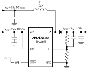 MAX1605內置30V開關的LCD偏置電源的應用電路 m.xsypw.cn