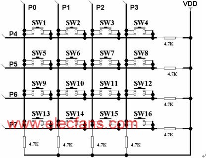 4×4鍵盤模塊電路圖 來源于:m.xsypw.cn