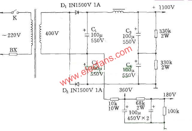 電子管功放的高壓倍壓電路圖  m.xsypw.cn