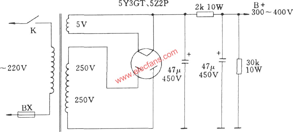 直熱式整流電子管全波整流及濾波電路 m.xsypw.cn