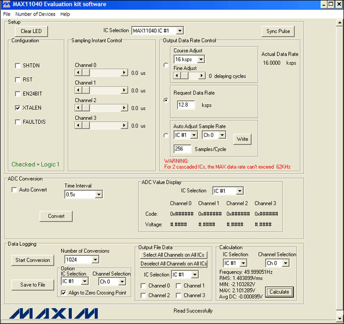 圖4. MAX11040EVKIT GUI允許用戶方便地設置各種測量條件:12.8ksps、256采樣點/周期和1024次轉換。此外,GUI的計算部分提供了一個進行快速工程運算的便捷工具。