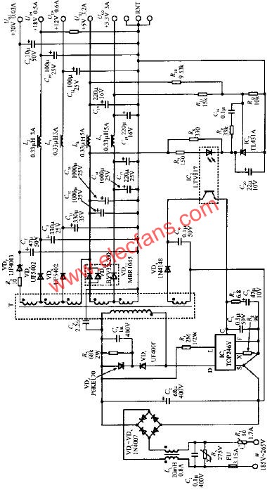 由TOP246Y構成的45W多路輸出式開關電源電路  m.xsypw.cn
