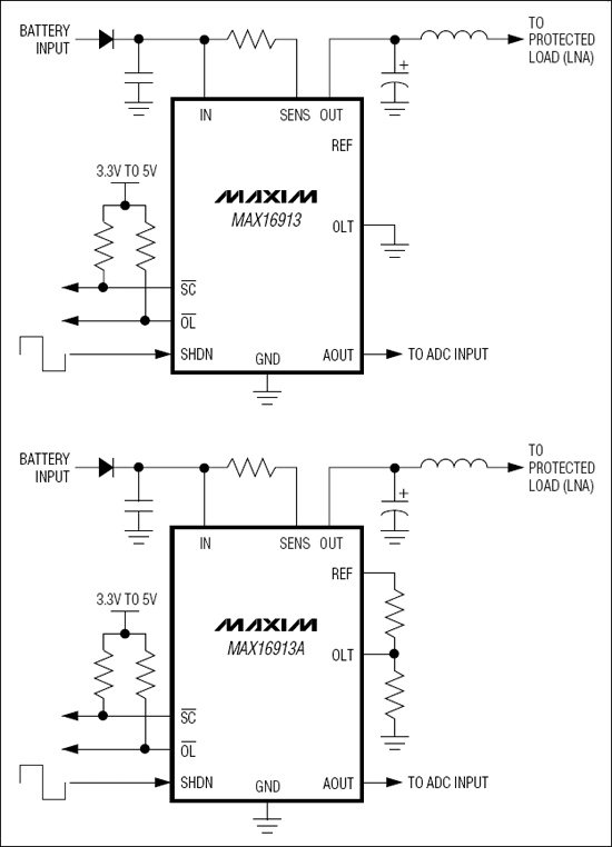 MAX16913、MAX16913A：典型工作電路