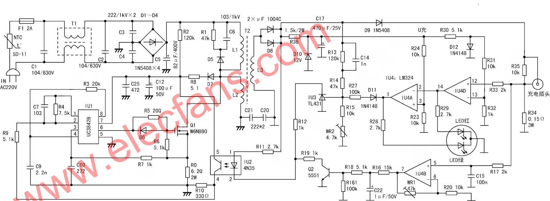 UC3842B電動車充電器電路圖 文章來源:http://m.xsypw.cn