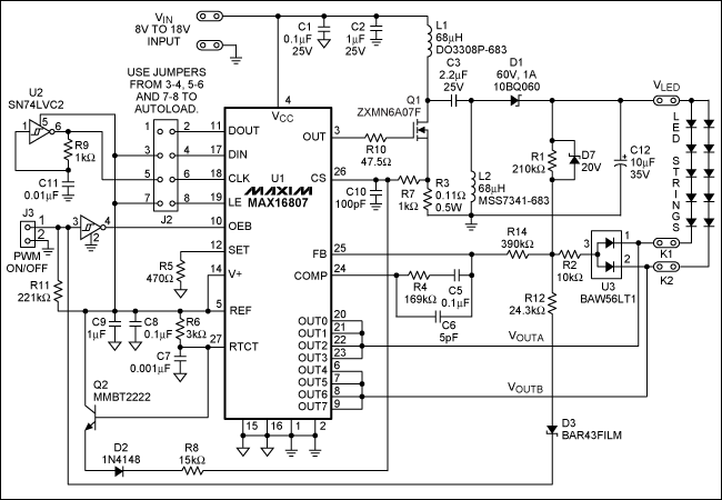 圖2. 采用MAX16807 SEPIC LED驅(qū)動(dòng)器的圖1電路原理圖(VIN = 8V至18V，VLED = 22V [自適應(yīng)]，ILED = 150mA/串)。