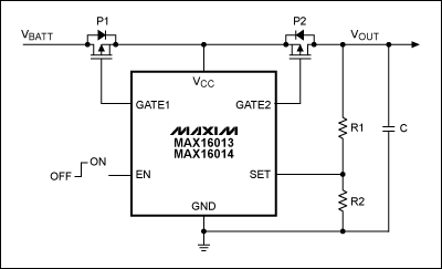 圖8. MAX16013和MAX16014可提供有源瞬態(tài)保護功能，直接監(jiān)測電源電壓，當(dāng)檢測到故障時，通過控制兩個外部p溝道FET開關(guān)，斷開負載與故障電源。