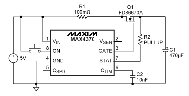 Figure 3a. An IC-based hot-swap circuit using the MAX4370 offers better accuracy and uses few components.