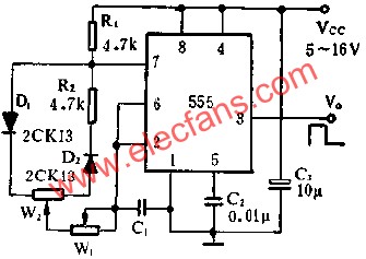 時基集成電路組成占空比連續(xù)可調的脈沖發(fā)生器電路圖 m.xsypw.cn