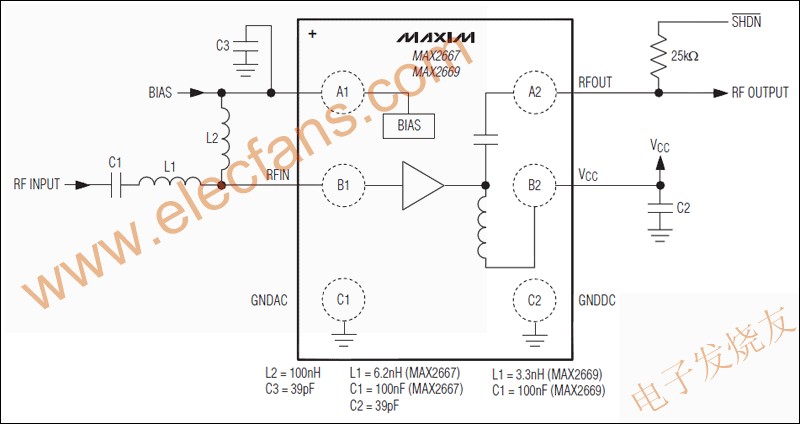 MAX2667/MAX2669高增益，低噪聲放大器(LNA)  來源： 電子發燒友