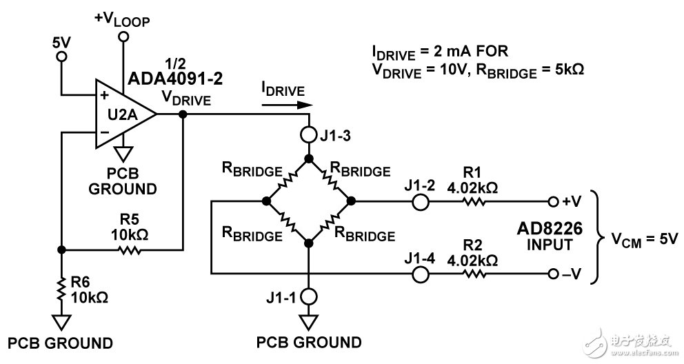 圖2. 傳感器電壓驅動配置（RBRIDGE=5kΩ、VDRIVE=10V