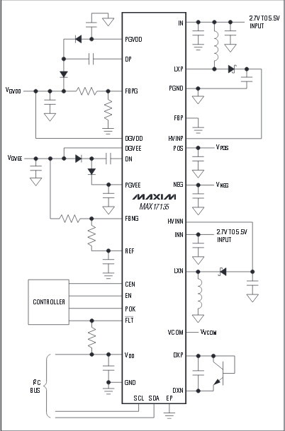 MAX17135 帶有VCOM放大器和溫度傳感器的多輸出DC-DC電源