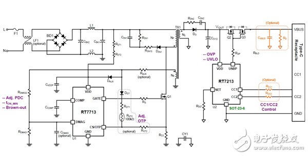 RT7713和RT7213組成的符合Type-C規范的原邊回饋（PSR）電源適配器