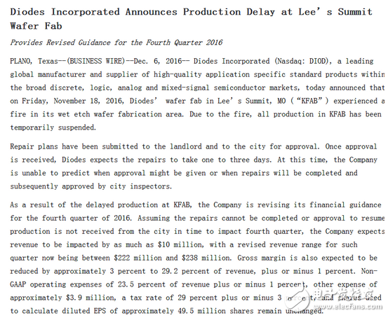 Diodes美國晶圓廠發火災，或影響全球二三極管供應
