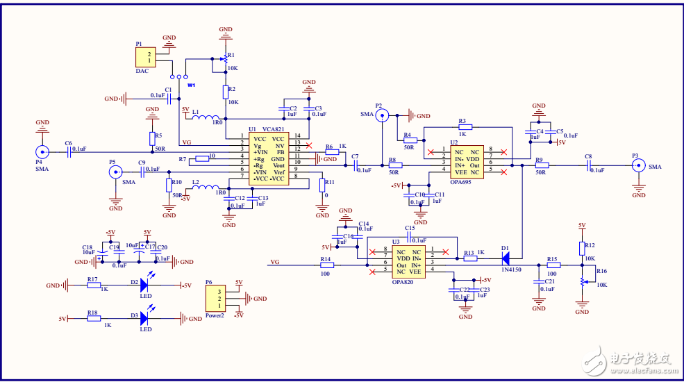 vca821模塊 pcb，原理圖