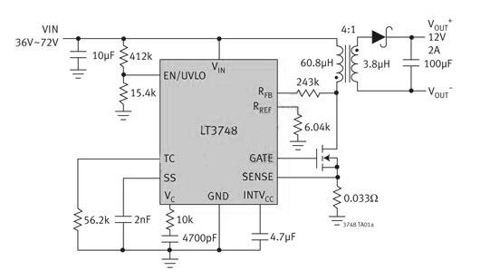 采用主端輸出電壓檢測的 LT3748 反激式轉換器