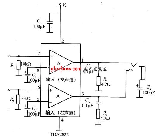 TDA2822用于立體聲耳機的應(yīng)用電路