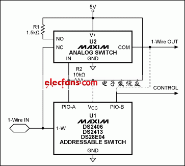 圖7. DS2409部分替代電路，U1可以選用DS2406、DS2413或DS28E04