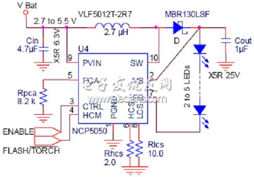 具備內(nèi)部開關(guān)與時(shí)間限制保護(hù)的4.5W功率閃光燈驅(qū)動(dòng)電路