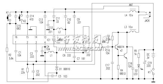 袖珍FM電調諧收音機電路圖