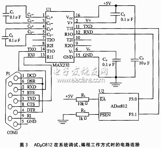 ADμC812的系統(tǒng)調(diào)試與編程下的電路連接