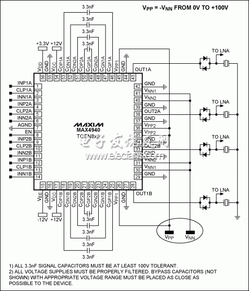 圖3。 MAX4940四的典型應用電路，雙極數字脈沖發生器。