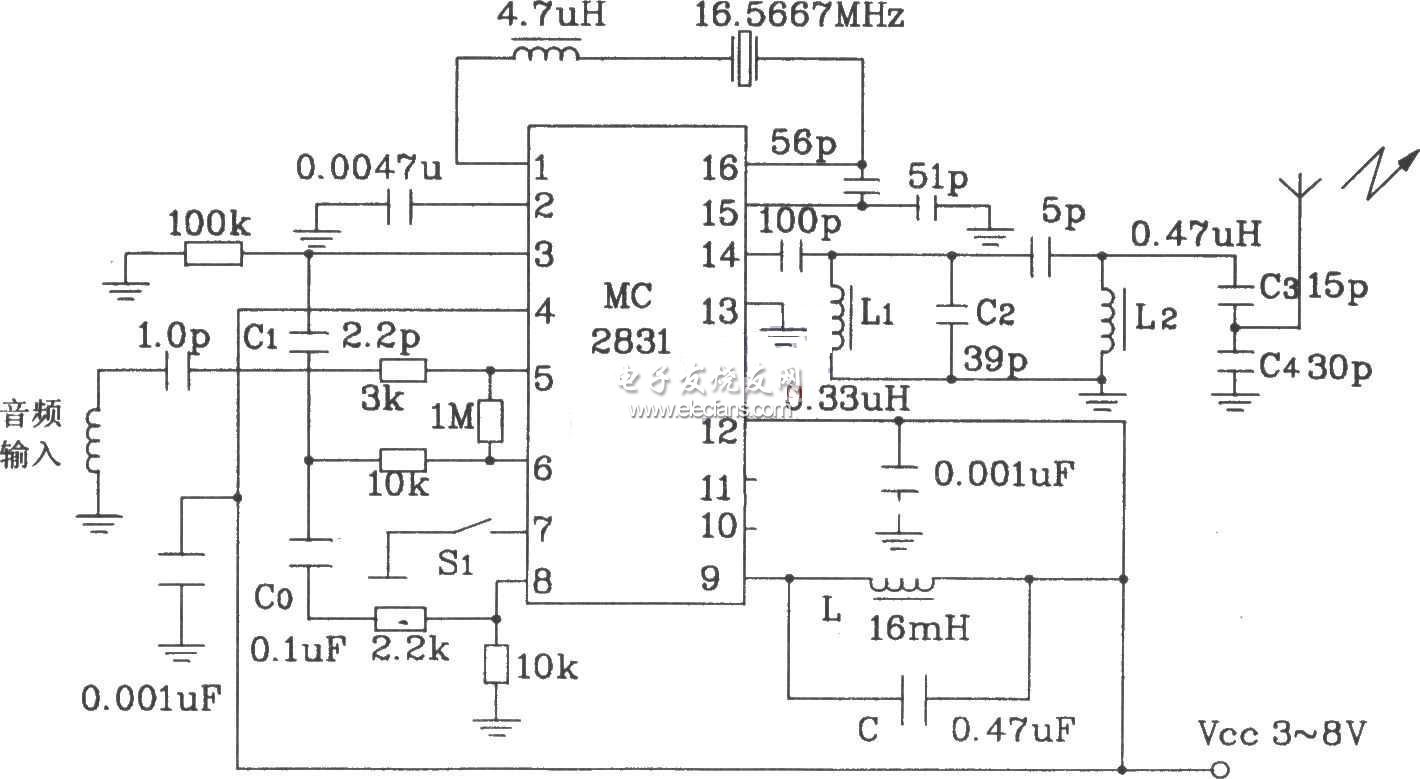 基于MC2831的無線電發射原理圖