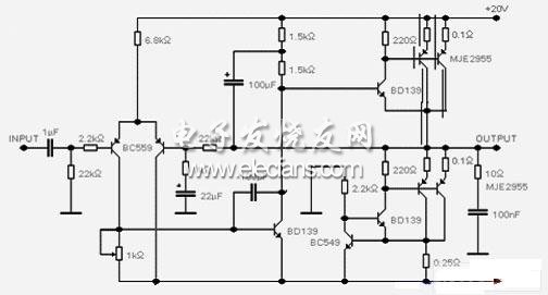 如圖為簡易的20W單端純甲類功放電路