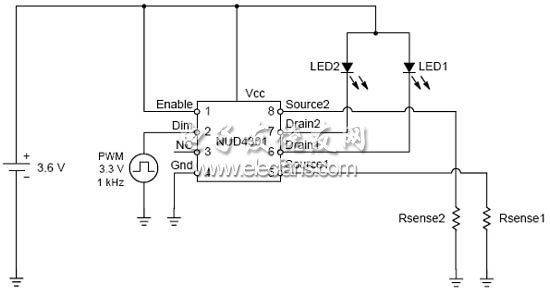 采用線性穩壓器NUD4301做為推動小型LCD面板背光的兩顆LED驅動電路