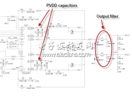 TAS5261 參考設計的 PVDD 電容及輸出 LC 濾波器等組件