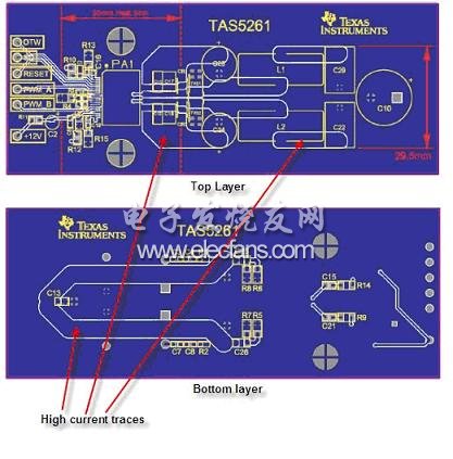 TAS5261 參考設計 PCB 的高電流信號線范例