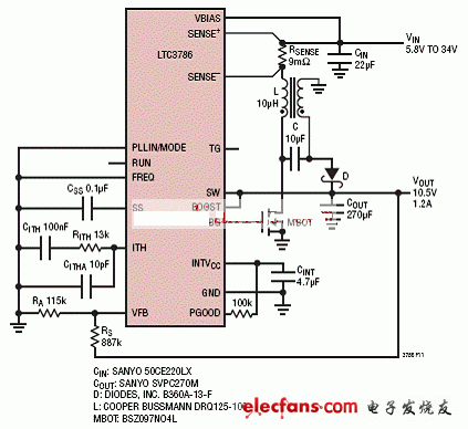 LTC3786構成非同步SEPIC轉換器電路