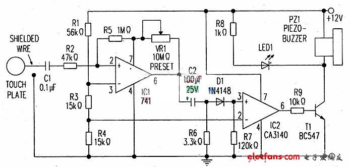 uA741與CA3140構成的高靈敏觸摸報警器電路