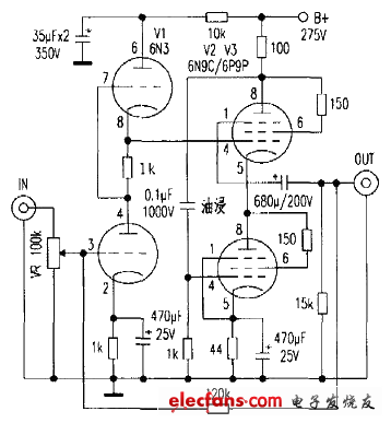 6N9C無輸出變壓器的耳機放大器電路