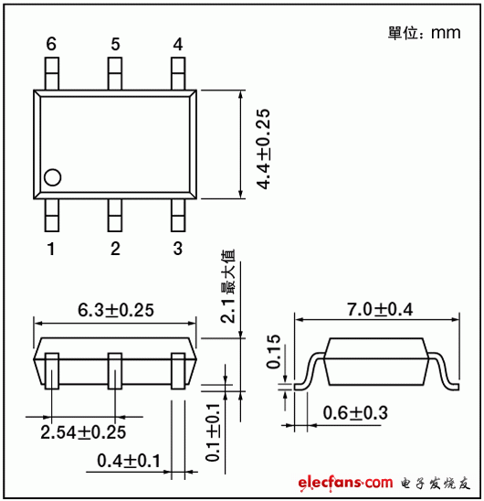 2.54SOP6封裝中的高ION光控繼電器封裝尺寸說明圖: TLP310x系列。