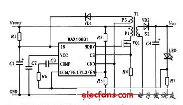 基于MAX16801的離線非隔離回掃式LED驅動器電路