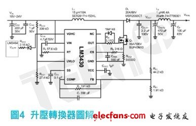 LM3430所執行的升壓轉換器圖解，以下是選擇主要元件細節的說明