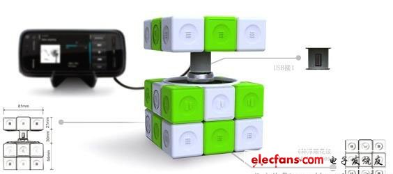  魔方概念充電器，魔方由電磁感應發電裝置和蓄電池組成，扭動魔方的任何一面，都會通過電磁感應產生電能