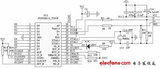 USB控制芯片PDIUSBD12與計算機及單片機之間的接口電路