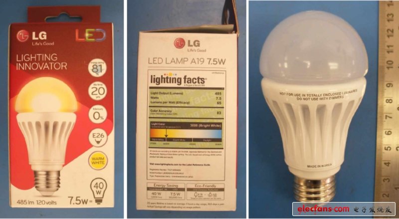 LG 7.5W LED A19燈泡LB08D830L0A。E50JWU0在包裝內外對比