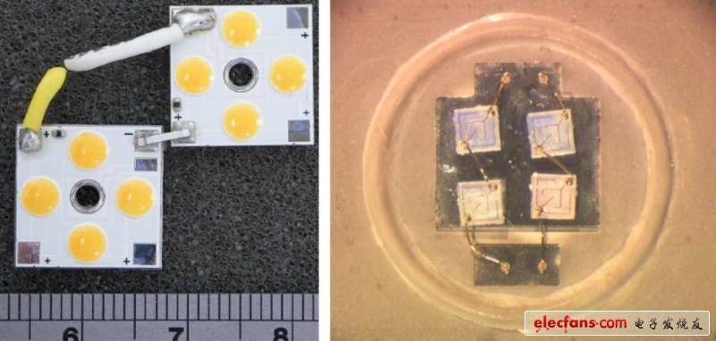 四個LEDs，每個尺寸約為0.5mm x 0.5mm x 0.1mm，封裝在LED凸圓底下