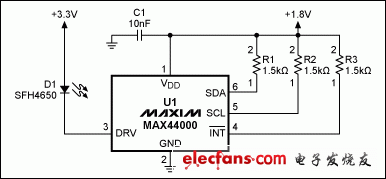 圖1. MAX44000典型電路，包括LED。
