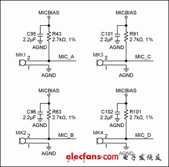 圖2. 四路麥克風輸入電路。