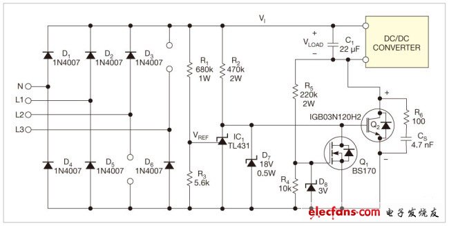 圖1,三相整流器使用了一只開關(guān)IGBT和一只電容，將電壓降低到標(biāo)準(zhǔn)離線dc/dc轉(zhuǎn)換器范圍內(nèi)。