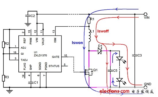 圖5:ZXLD1370升壓LED驅動器的開關電流路徑。