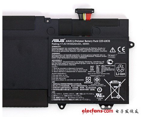 UX32VD的電池是7.4V，6520毫安，中280.5克，相當(dāng)于該本子重量的20%